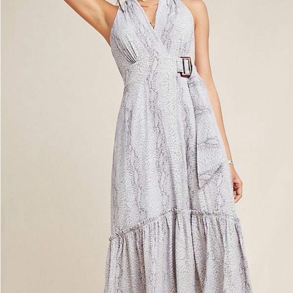 BNWT ANTHROPOLOGIE MARFA MAXI MIDI DRESS GREY SNAKESKIN FAUX WRAP